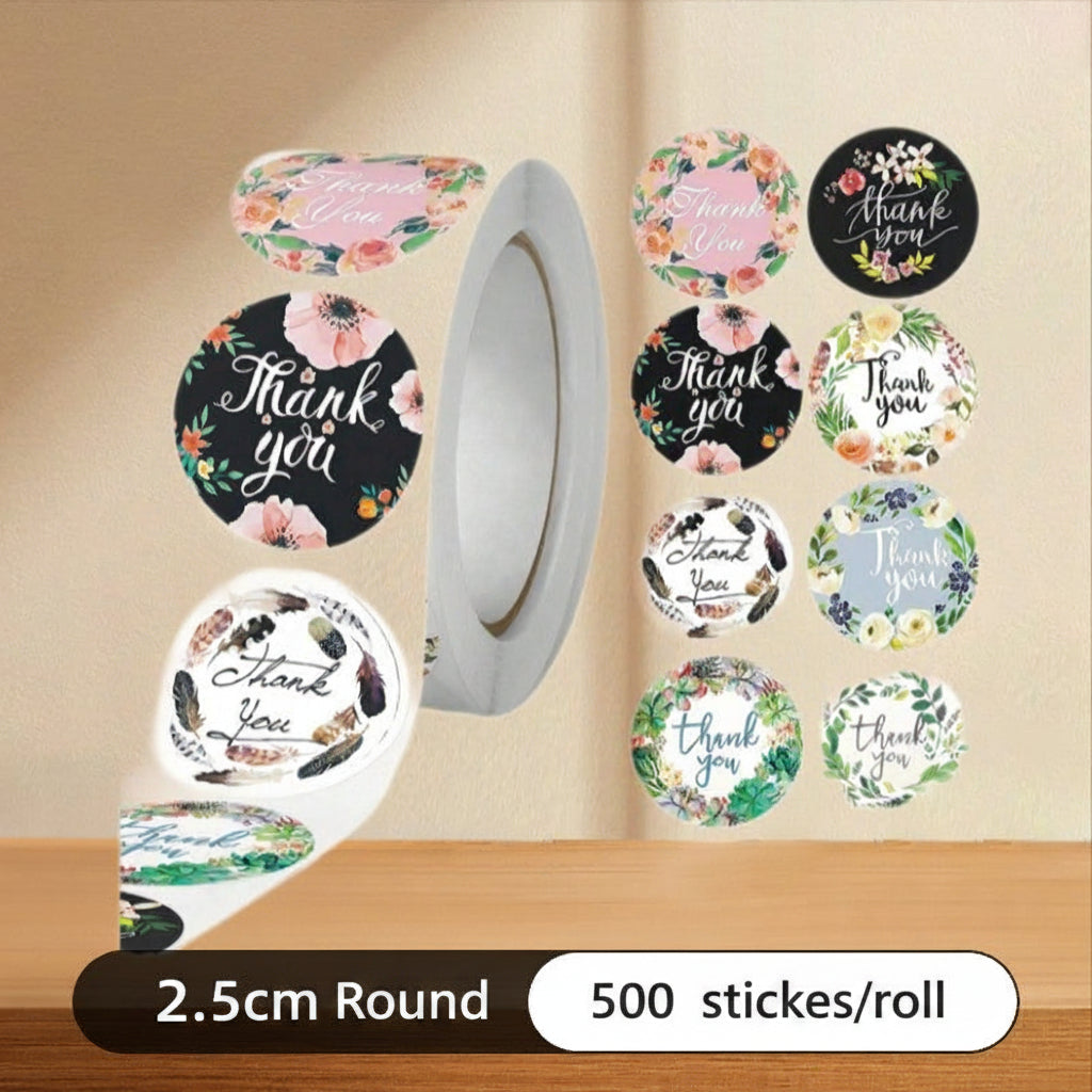 500Pcs Floral Thank You Sticker Roll 25mm Round Assorted Design Labels