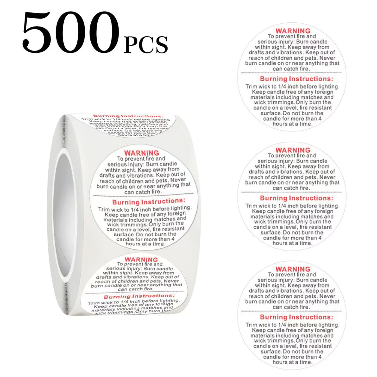 500pcs Candle Warning Sticker Roll – Round Safety Labels for Candle Jars