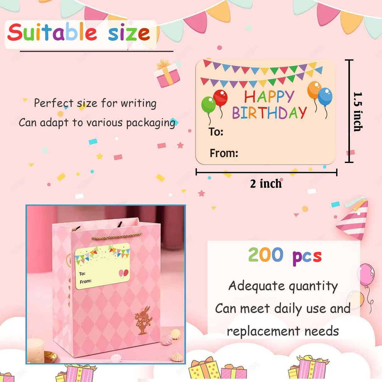 200pcs Happy Birthday Stickers – Roll for Office Gift Decoration & Party