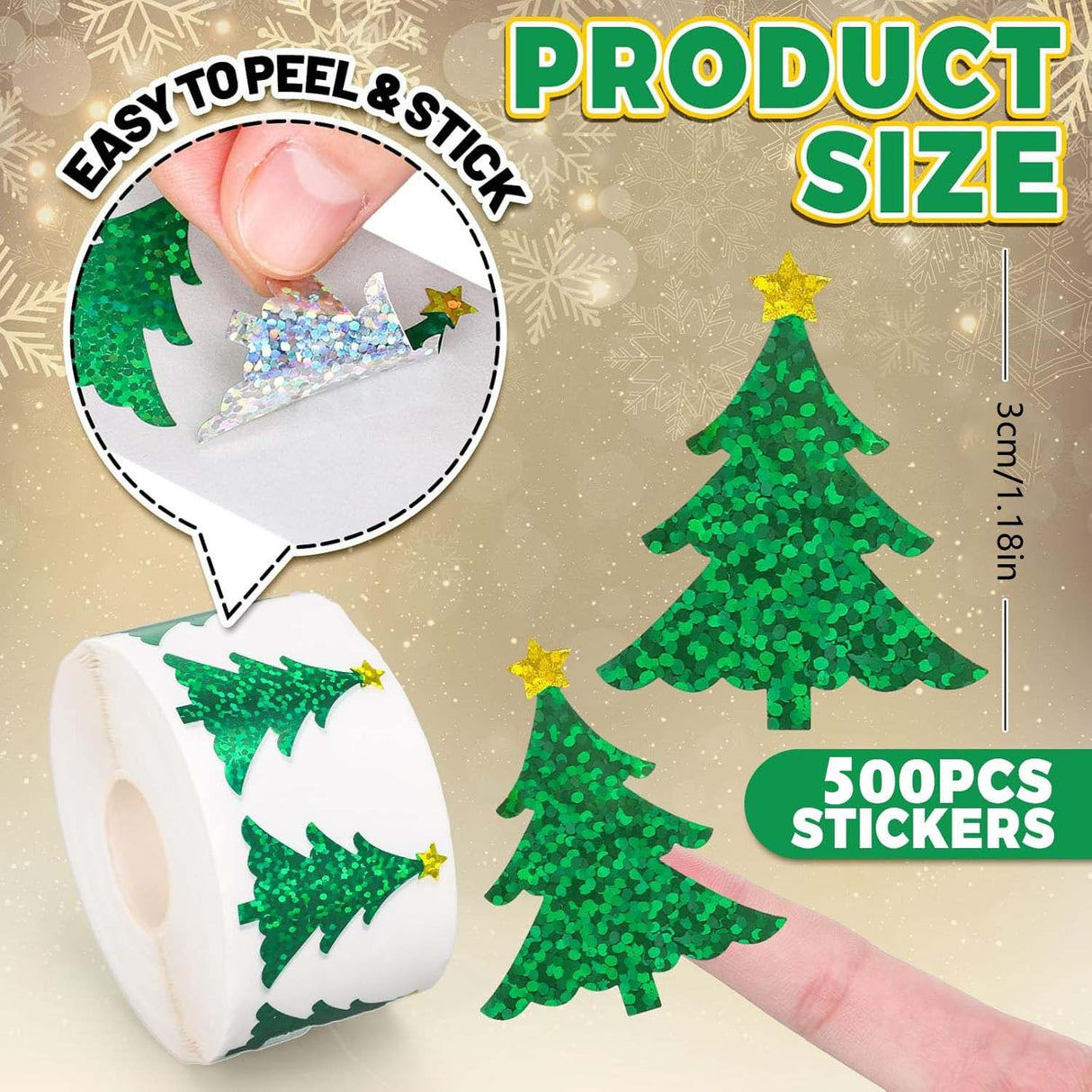 500pcs Laser Holographic Christmas Tree Stickers – Waterproof Roll for Holiday Gifts