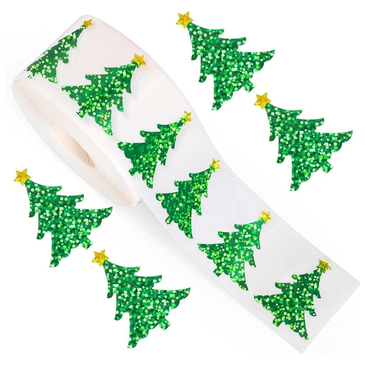 500pcs Laser Holographic Christmas Tree Stickers – Waterproof Roll for Holiday Gifts