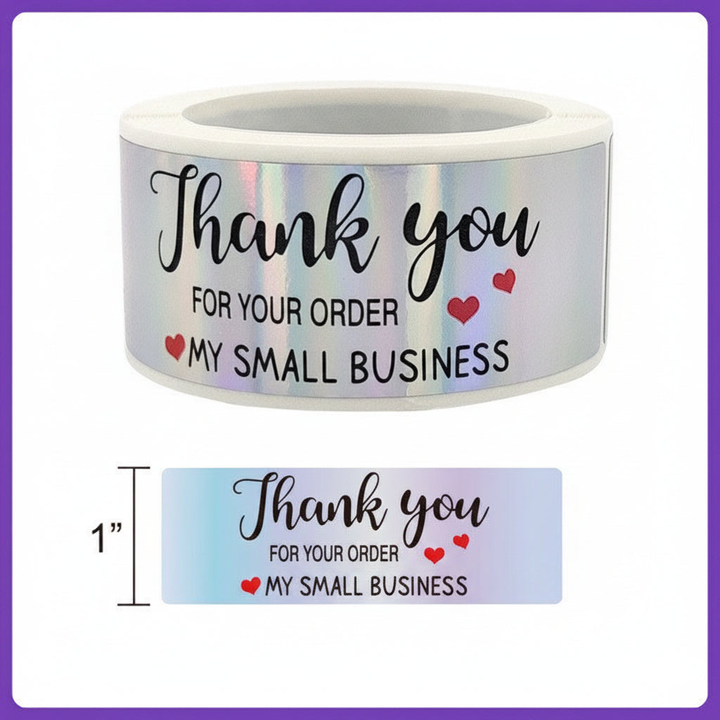 Holographic Thank You Sticker Roll - 1"x3" Rectangle Labels for Small Business