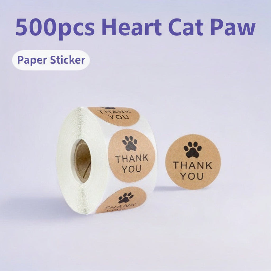 500pcs Paw Print Kraft Paper Thank You Stickers – 1 Inch Round for Pet Shops