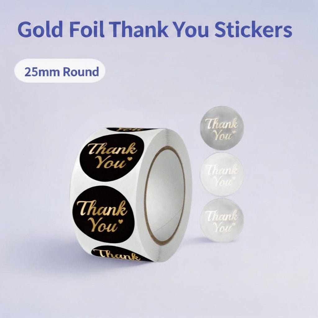 500Pcs Black Gold Thank You Sticker Roll 1-Inch Round Labels