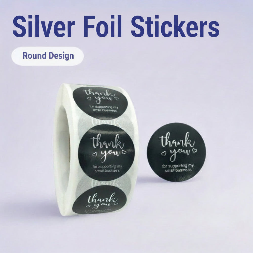 500pcs Silver Foil Thank You Stickers – 1 Inch Round Labels for Gifts & Orders