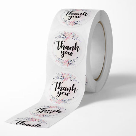 500Pcs 1-Inch Floral Thank You Sticker Roll - White Self-Adhesive Gift Seals