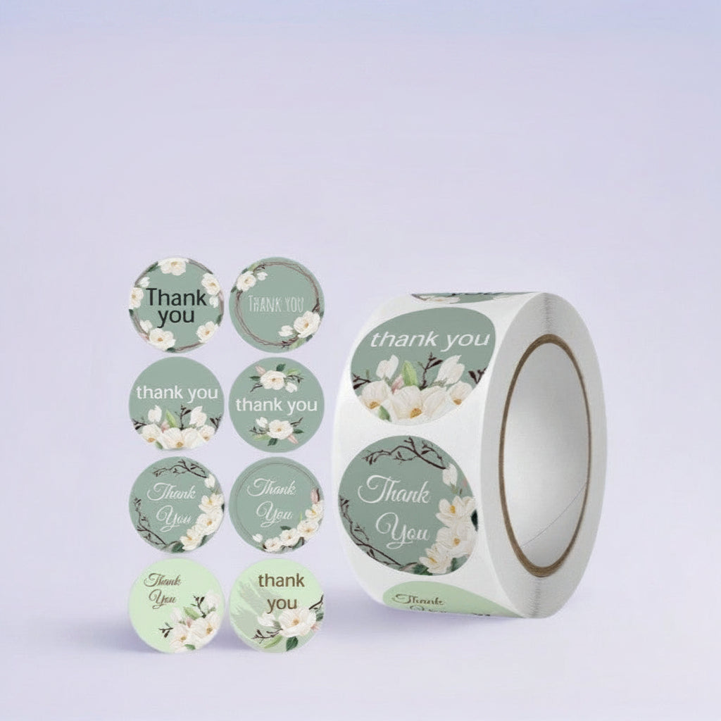 500Pcs Floral Thank You Sticker Roll - 1-Inch Round Labels