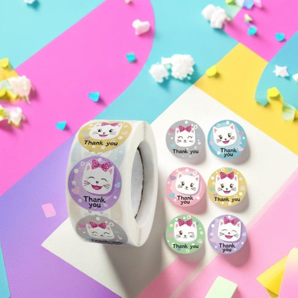 500Pcs Cute Cartoon Cat Thank You 500pcs Cute Cartoon Cat Thank You Stickers – 1 Inch Round Labels for Kids & Pet LoversRoll - 1-Inch Round Labels
