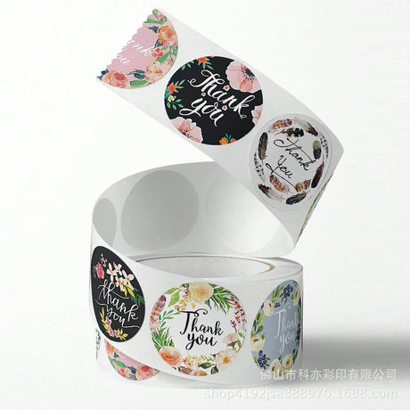 500Pcs Floral Thank You Sticker Roll 25mm Round Assorted Design Labels