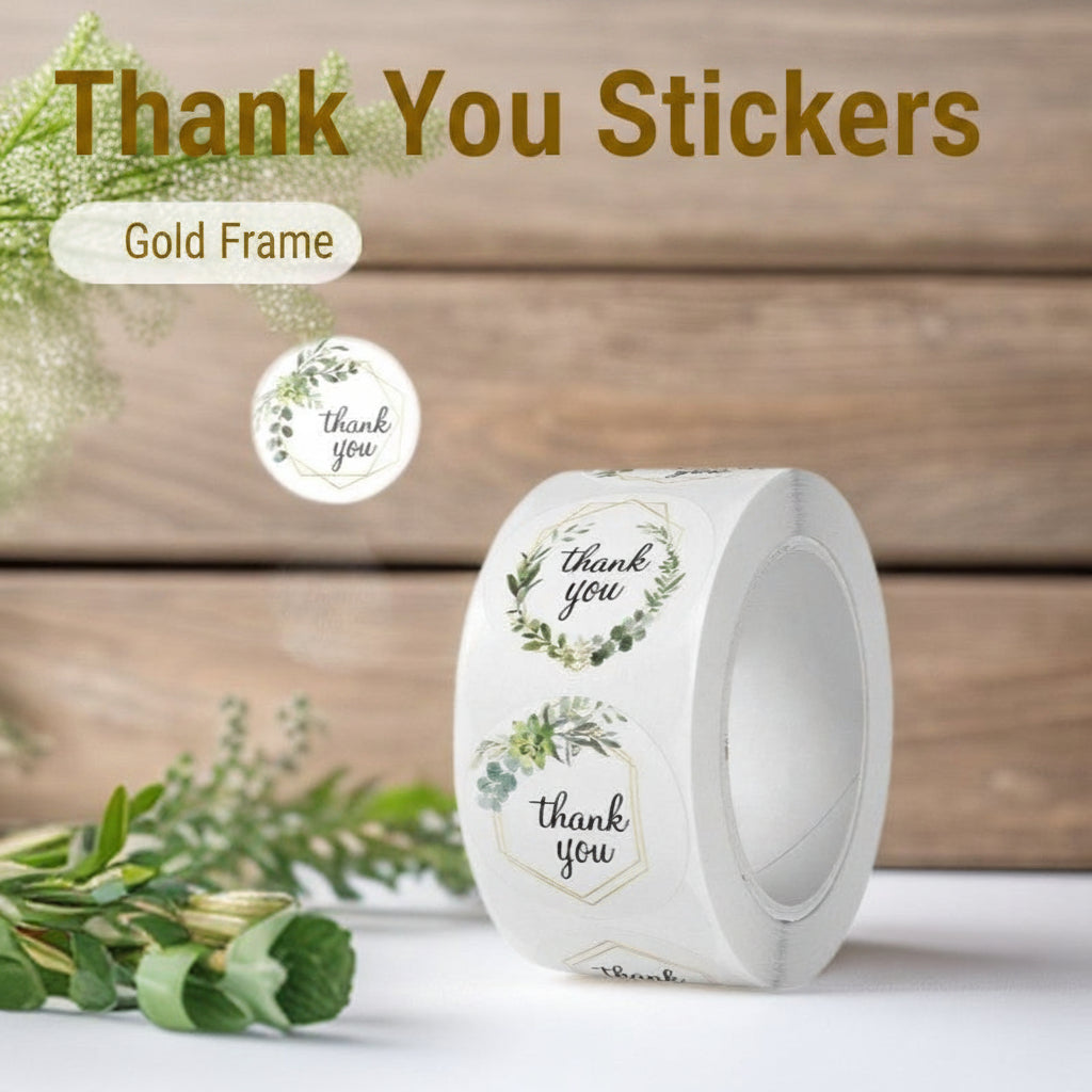 500pcs Gold Frame Thank You Stickers – 2.5cm Round Labels for Gifts