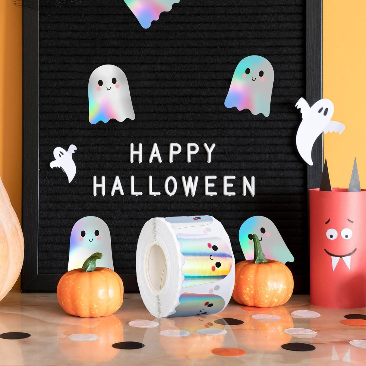 500pcs Halloween Pumpkin Ghost Stickers – Waterproof Roll for Party Decoration