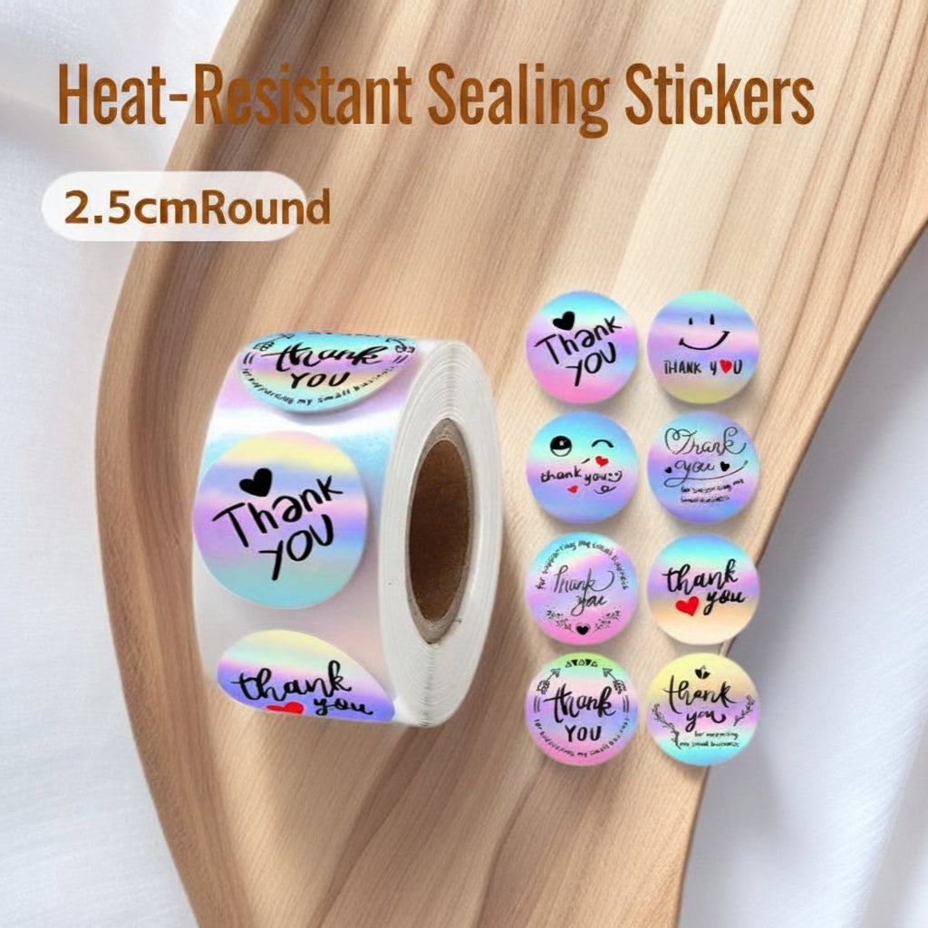 500pcs Holographic Thank You Stickers – 2.5cm Round Assorted Design Labels