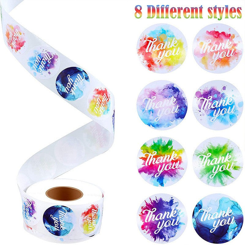 500pcs Holographic Watercolor Thank You Stickers – 25mm Round Decorative Labels