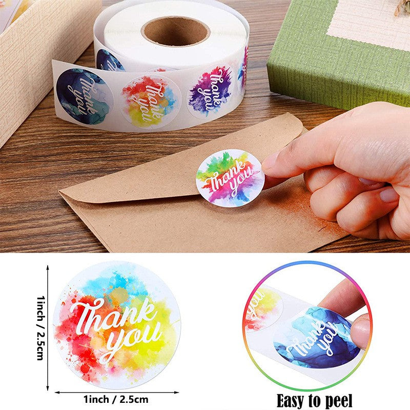 500pcs Holographic Watercolor Thank You Stickers – 25mm Round Decorative Labels