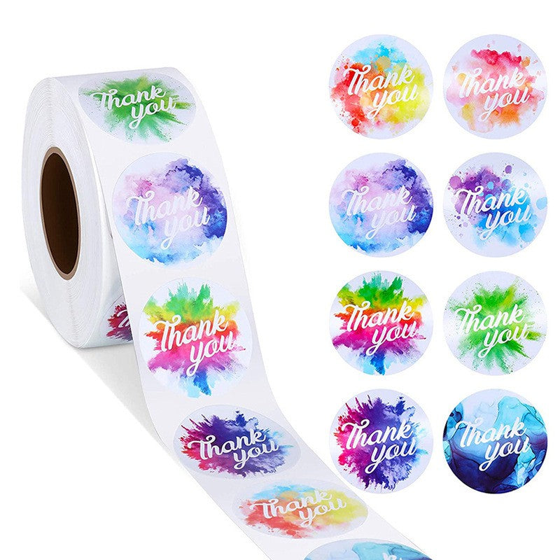 500pcs Holographic Watercolor Thank You Stickers – 25mm Round Decorative Labels