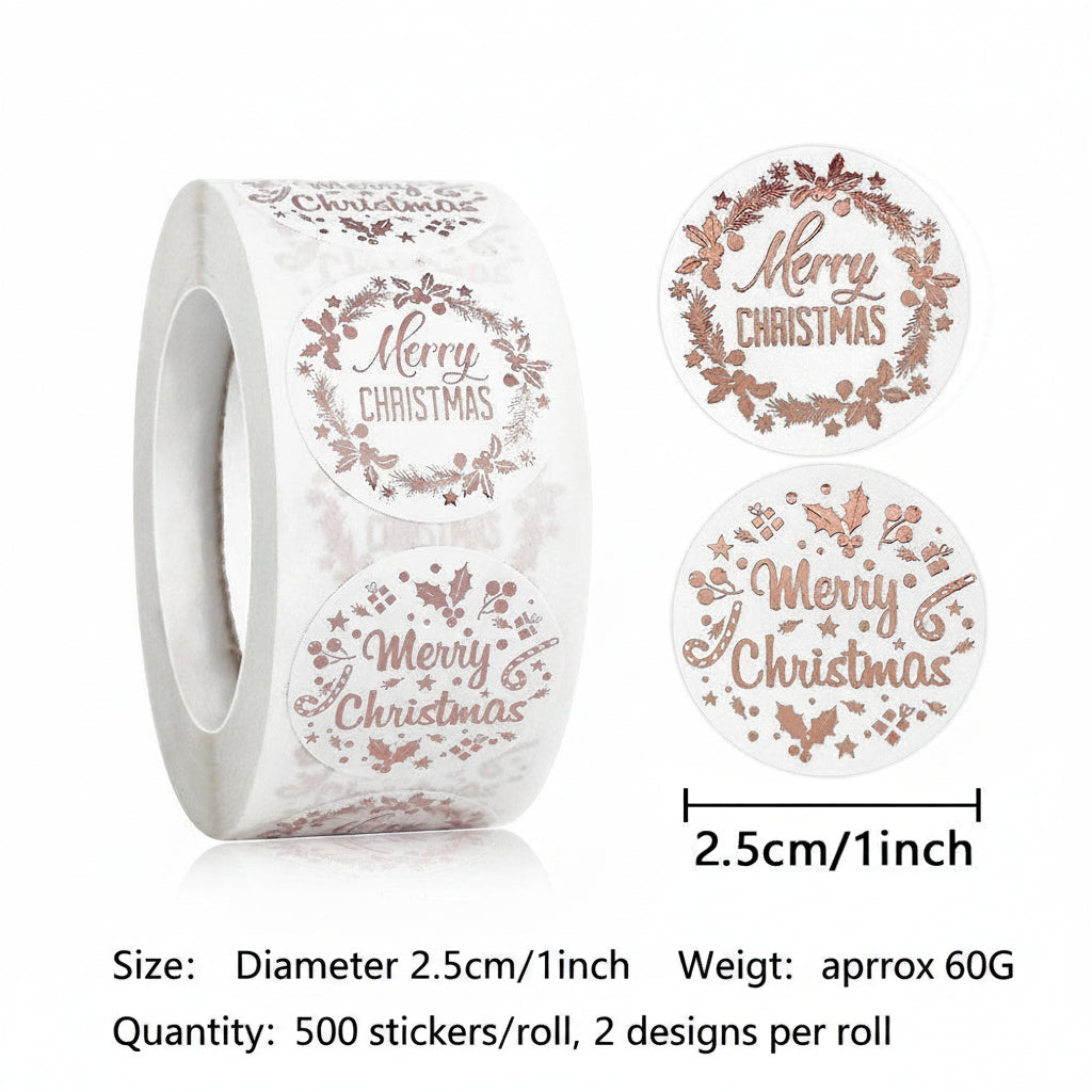 500pcs Merry Christmas Rose Gold Foil Stickers – 1 Inch Round Labels for Holiday Gifts