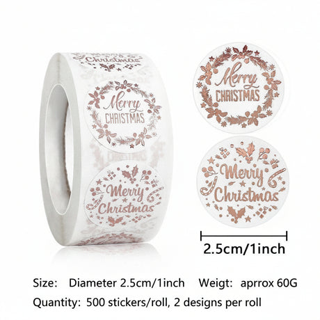 500pcs Merry Christmas Rose Gold Foil Stickers – 1 Inch Round Labels for Holiday Gifts